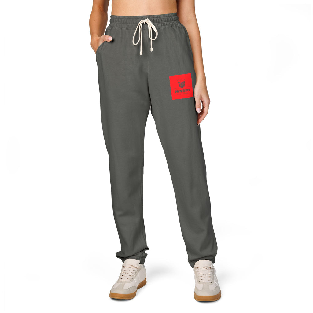 Embroidered Red Patch Sweatpants — Cozy Garment-Dyed Fleece Joggers