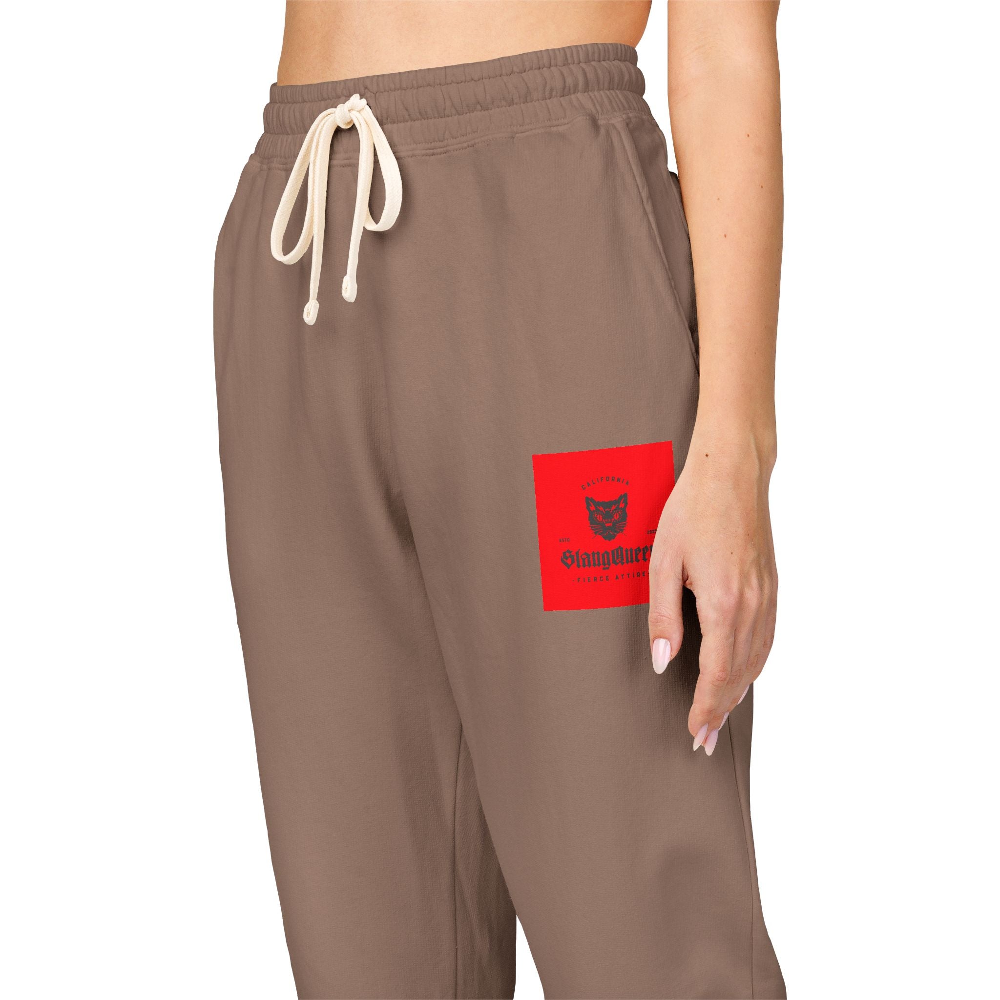 Embroidered Red Patch Sweatpants — Cozy Garment-Dyed Fleece Joggers