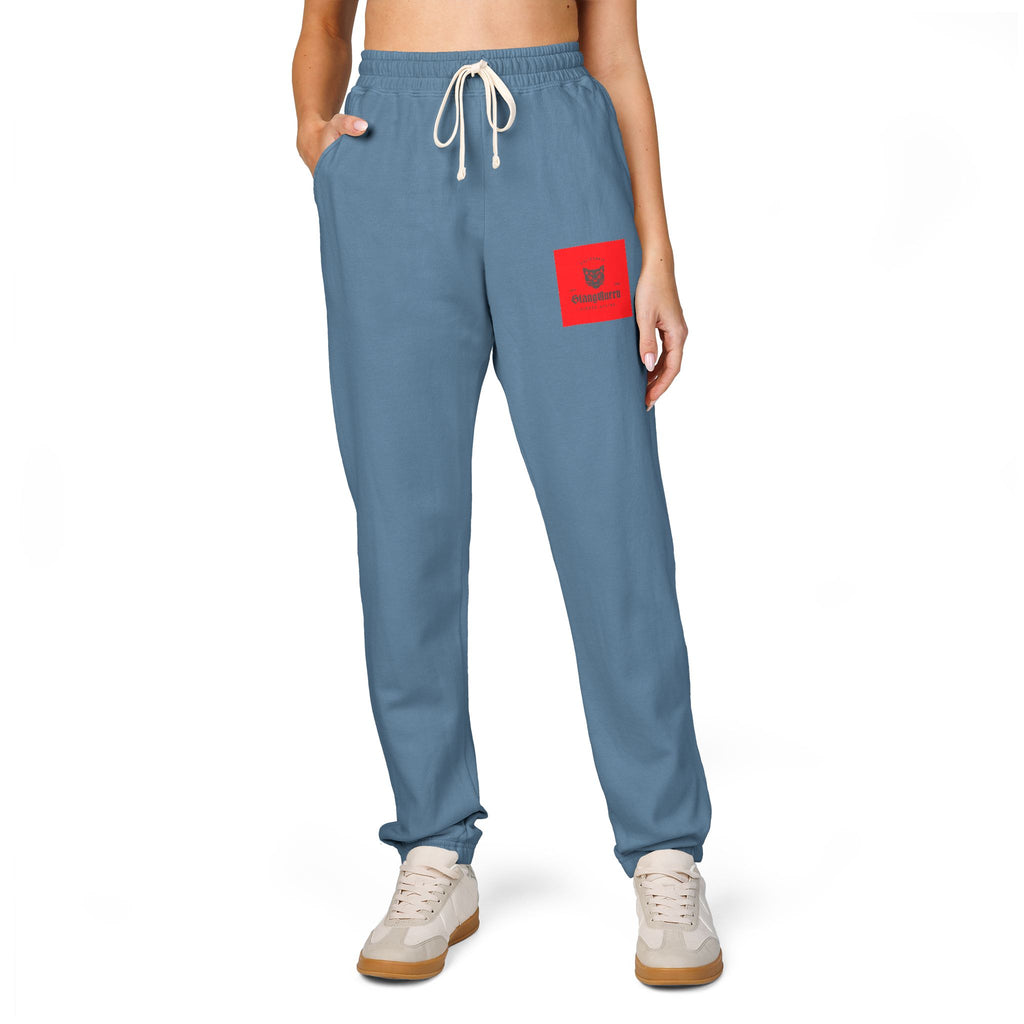 Embroidered Red Patch Sweatpants — Cozy Garment-Dyed Fleece Joggers