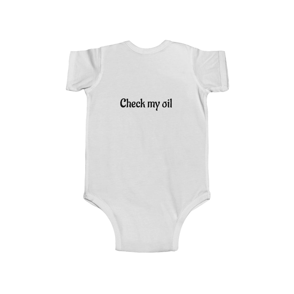 Funny Baby Bodysuit – “Mom and Dad’s duties: Change my diaper ASAP. Please & Thank you!” (Check My Oil Back)