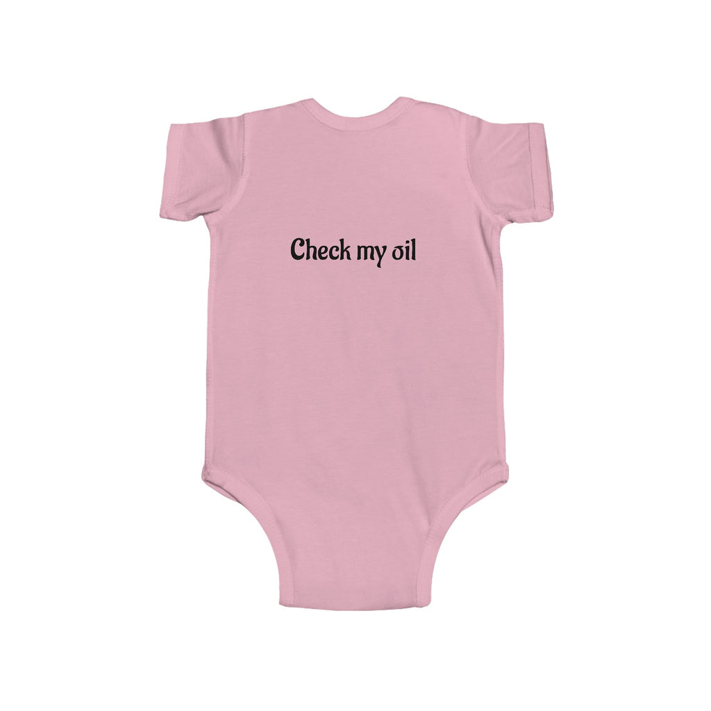 Funny Baby Bodysuit – “Mom and Dad’s duties: Change my diaper ASAP. Please & Thank you!” (Check My Oil Back)