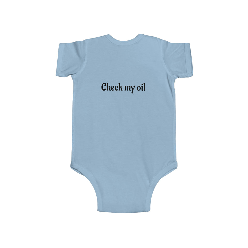 Funny Baby Bodysuit – “Mom and Dad’s duties: Change my diaper ASAP. Please & Thank you!” (Check My Oil Back)