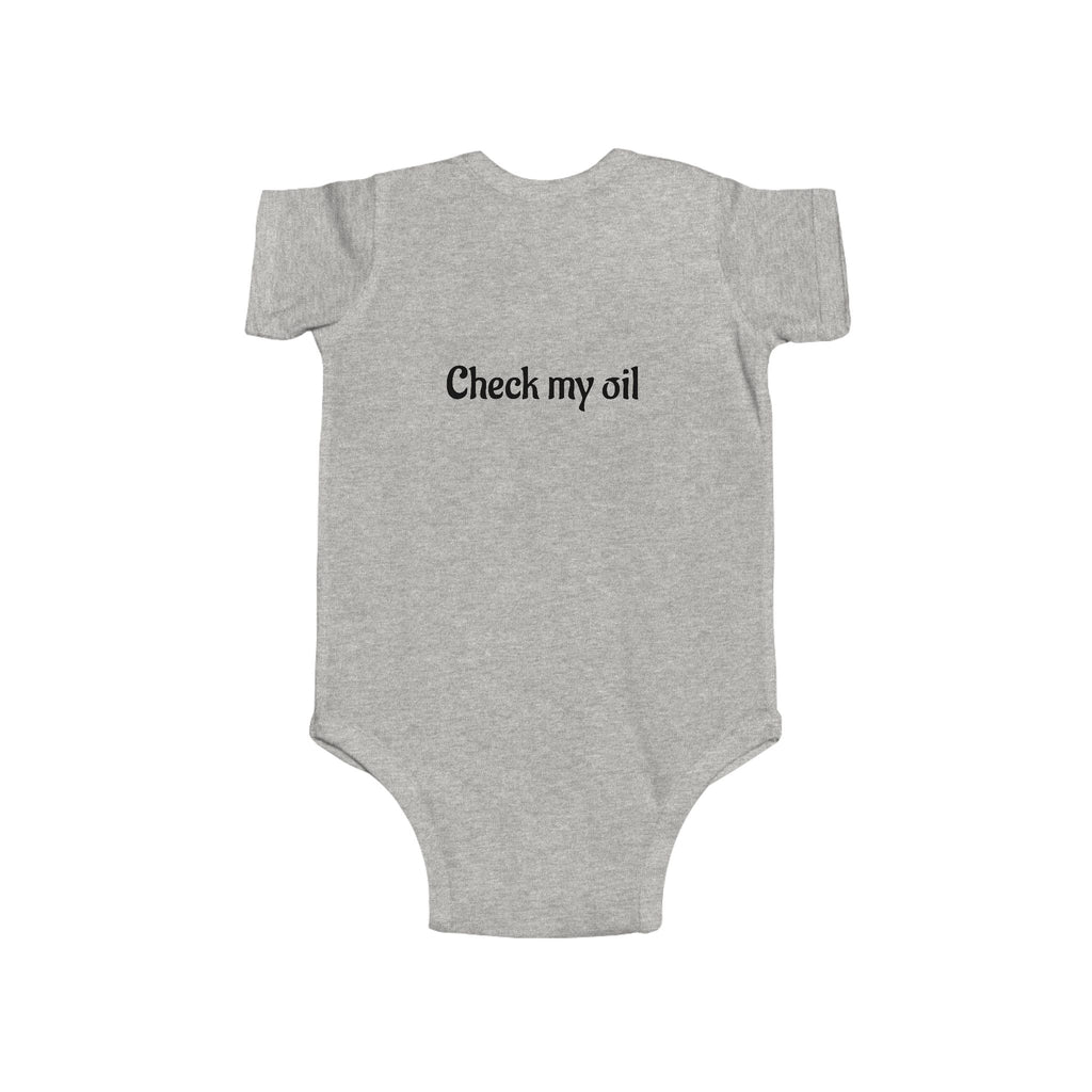 Funny Baby Bodysuit – “Mom and Dad’s duties: Change my diaper ASAP. Please & Thank you!” (Check My Oil Back)
