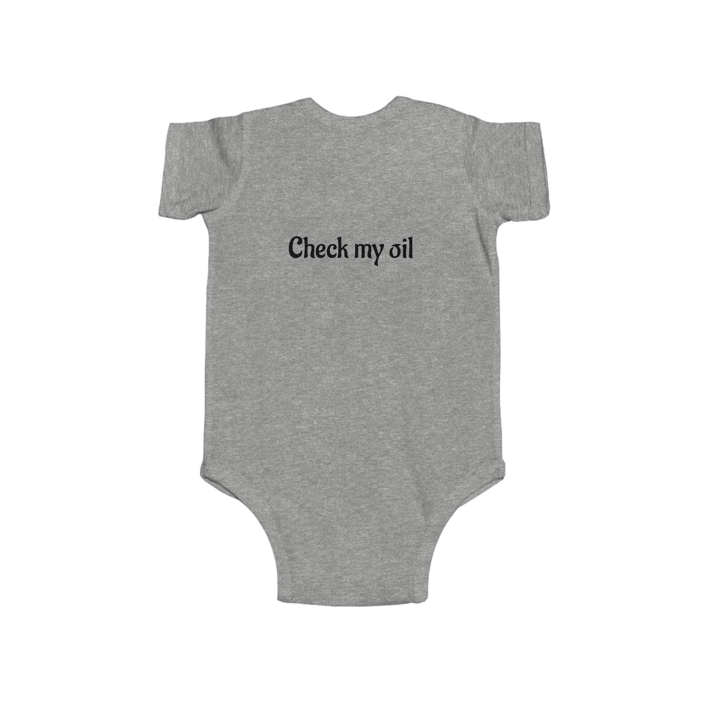 Funny Baby Bodysuit – “Mom and Dad’s duties: Change my diaper ASAP. Please & Thank you!” (Check My Oil Back)