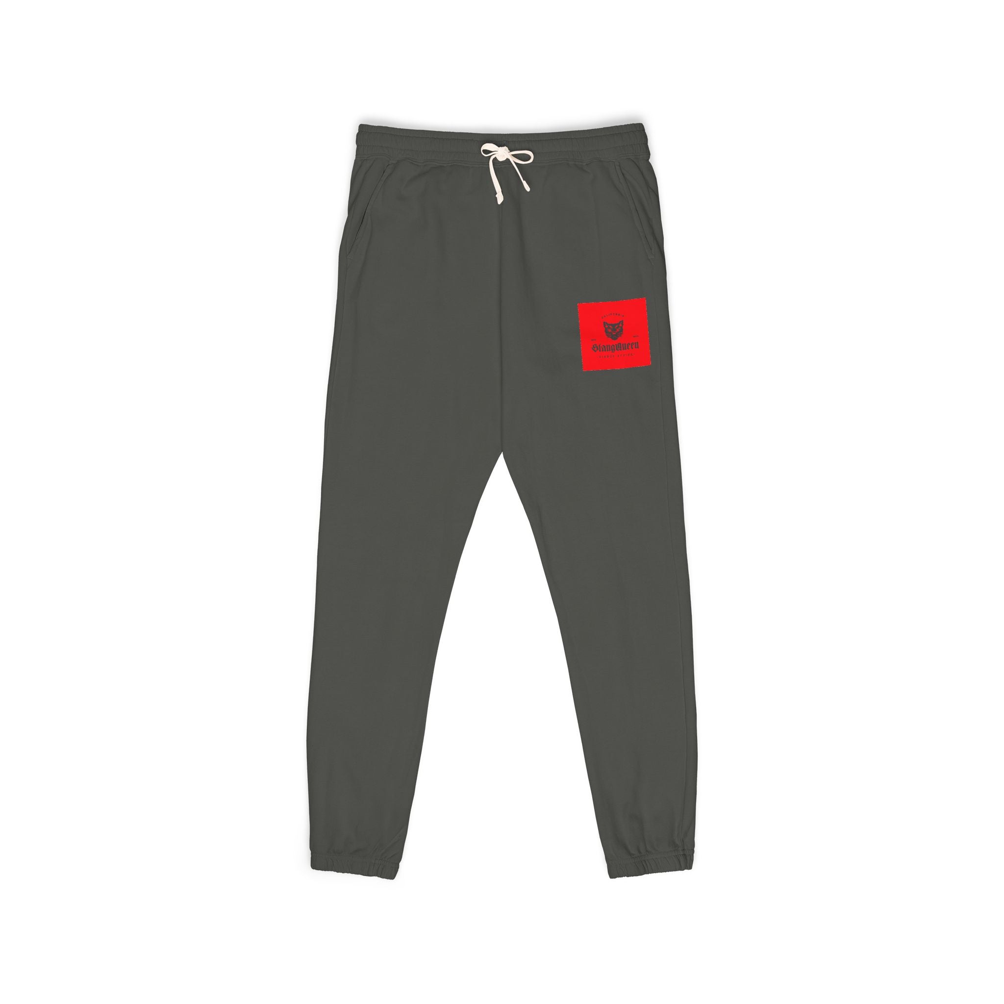 Embroidered Red Patch Sweatpants — Cozy Garment-Dyed Fleece Joggers