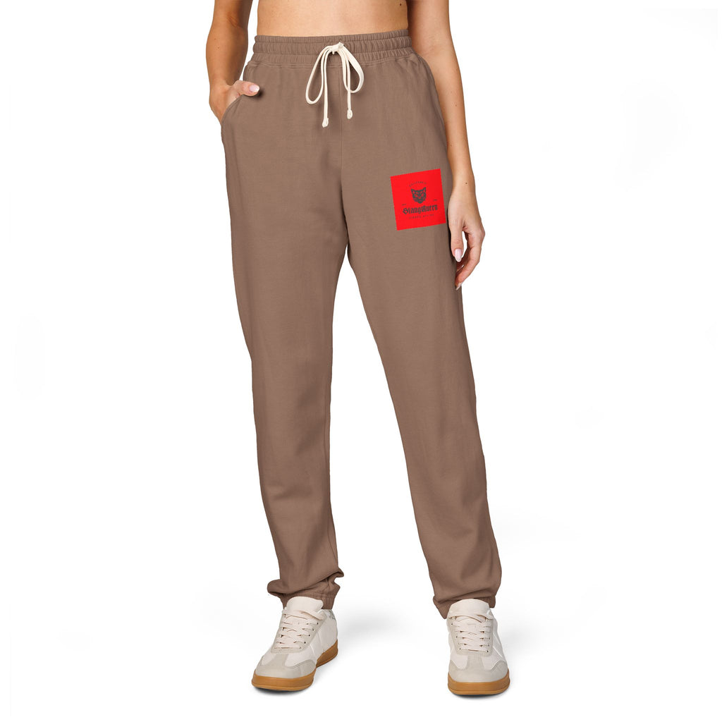 Embroidered Red Patch Sweatpants — Cozy Garment-Dyed Fleece Joggers