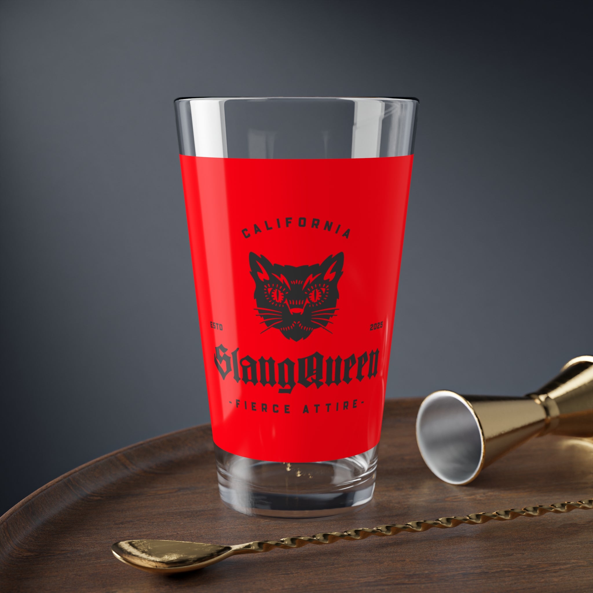 Mixing Glass — SlangQueen Red Cat Logo 16oz Cocktail Mixing Glass