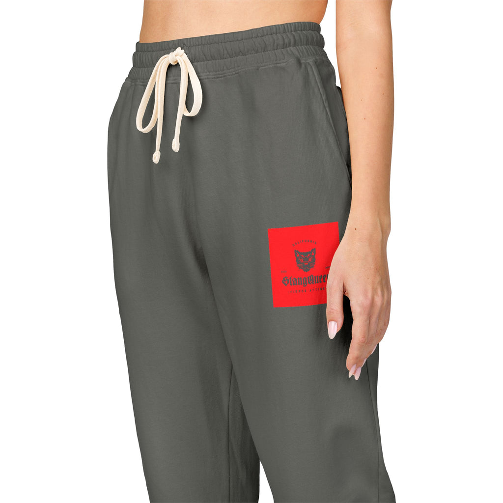 Embroidered Red Patch Sweatpants — Cozy Garment-Dyed Fleece Joggers